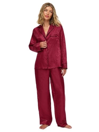 Image of Ann Summers Signature Satin Long PJ Set (2 Piece) Jacquard Satin Pyjamas for Women – Luxurious Button-Up Womens Pyjamas for Bedtime or Lazy Mornings, Comfortable and Stylish Ladies PJs Burgundy