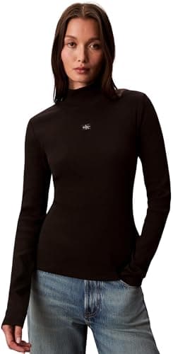 Image of Calvin Klein Women's Long Sleeve Woven Top with Roll Neck, Black (Black), L