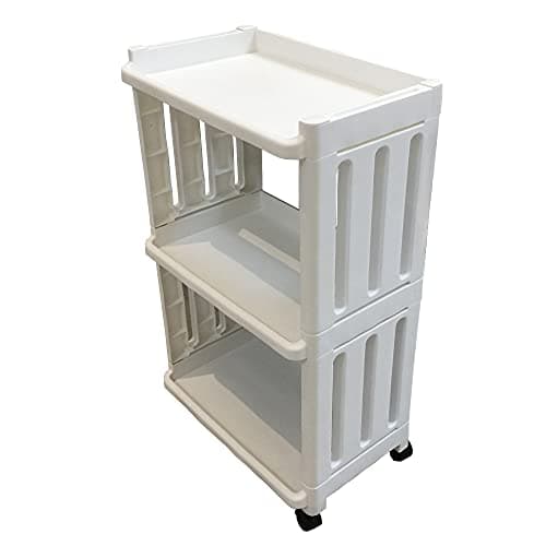 Image of Storage Trolley Slide Out Rolling Cart Utility Slim Organiser Shelf on Wheels 3 Tier Narrow Places Mobile Shelving Unit Tower Rack for Bathroom Laundry Room Office Living Room Bedroom Kitchen, White