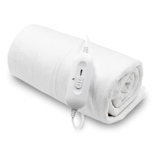 Image of Purus Double Electric Blanket 135 x 120cm, Soft Polyester Electric Blanket Fitted Underblanket Mattress Cover, 3x Heat Settings, 1x Controller and Machine Washable White Heated Blanket