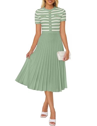 Image of ZESICA Women's 2026 Casual Striped Midi Dress Crewneck Short Sleeve Button Ribbed Knit Swing Pleated A Line Dresses, Light Green, M