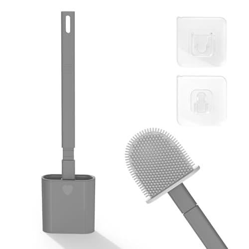 Image of Toilet Brush, 1 Pack Bathroom Silicone Toilet Brushes and Holder Sets with No-Slip Long Plastic Handle and Soft Flexible Bristles, Toilet Brushes with holders and Base for Anti-drip (Grey)
