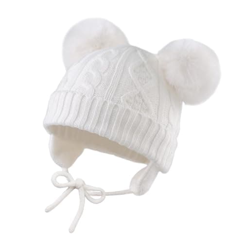 Image of XIAOHAWANG Warm Kids Beanie Winter Knitted Baby Hat for Boys Girls Infant Toddler Toque with Pompom (M, White Pompom)