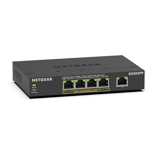 Image of NETGEAR 5 Port PoE Switch (GS305PP) | Unmanaged Gigabit Network Switch | Ethernet Splitter | Ethernet Splitter | 4 x PoE+ @ 85W | Desktop or Wall Mount