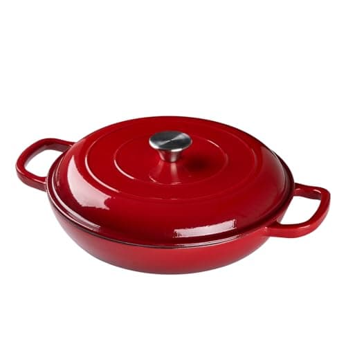 Image of Warmiehomy Enamelled Cast Iron Pot with Lid,Red 3.2L Non-stick Shallow Dutch Oven,Ovenproof Casserole Pot Cooking Stockpot for Induction and Oven Safe,30cm