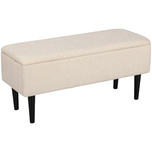 Image of HOMCOM 57L Storage Ottoman, End of Bed Bench with Wooden Legs, Fabric Footstool for Living Room, Bedroom, 95 x 38 x 45cm, Cream White