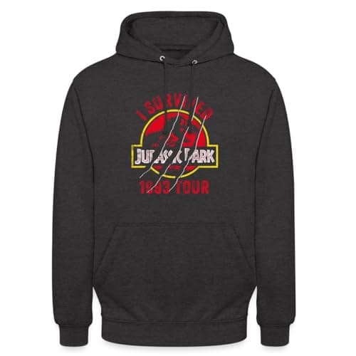 Image of Spreadshirt Jurassic Park Scratched Logo I Survived 1993 Tour Unisex Hoodie, M, charcoal grey