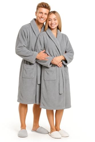 Image of PrintWink Dressing Gown for Women & Men | Luxury Cotton Towelling Bathrobe with Belt & Pocket | Lightweight Soft Fluffy Robe Ideal for Spa, Hotel or Home | Romantic Gift Idea for Couples| Grey S/M