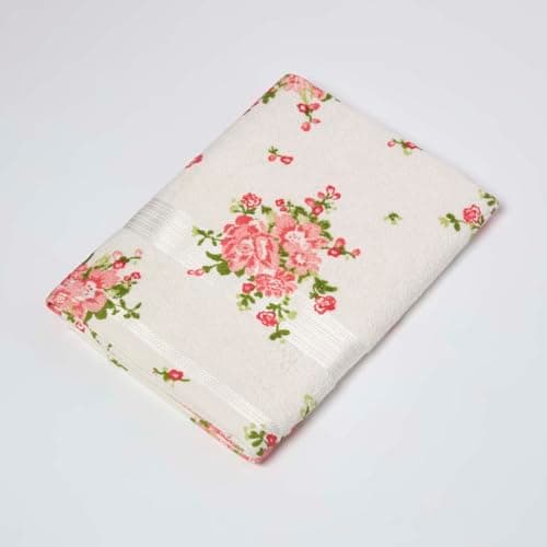Image of HOMESCAPES 100% Portuguese Cotton Cream Bath Towel Pink, Coral and Green Floral Pattern