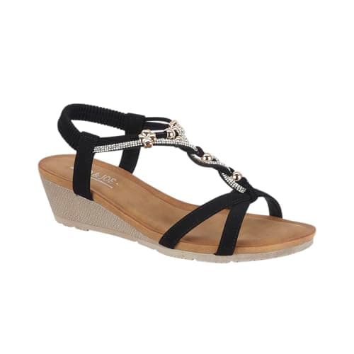 Image of Jo & Joe Ladies Mid Heel Wedge Comfort Sandal with Glitzy Jewels and Elasticated Slingback Strap, Flexible sole sizes 4-8 (Black 6, UK Footwear Size System, Adult, Women, Numeric, Medium, 6)