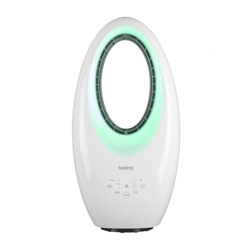 Image of Beldray Compact Bladeless Tower Fan - 50W Oscillating Cooling Fan with Remote Control, 3 Speeds, 7.5 Hour Timer, LED Colour Changing Lights, 45° Oscillation
