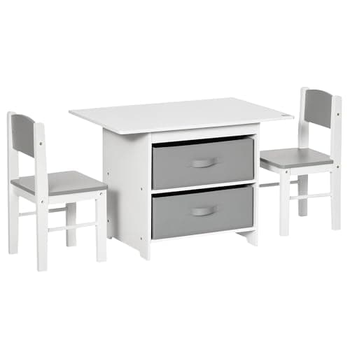 Image of HOMCOM 3 Pcs Kids Table & Chairs Set Mini Seating Furniture Home Playroom Bedroom Dining Room w/Storage Drawers Safe Corners for 2-4 Years old White