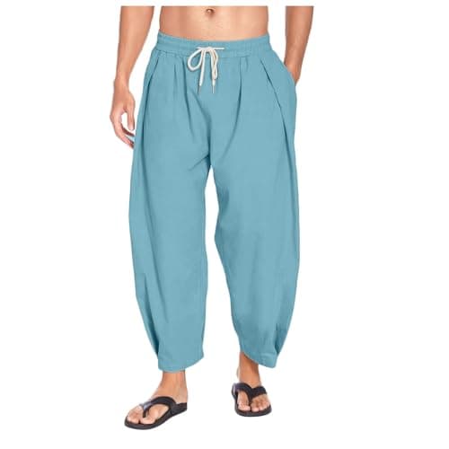 Image of Mens Linen Trousers Pants Corduroy Jogging Loose Fit Lounge Baggy Solid Color Drawstring Elastic Waist Cotton Harem with Pockets Grey Joggers Skinny (Blue, L)