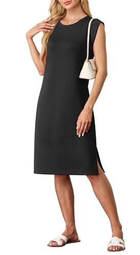 Image of GRECERELLE Womens Summer Midi Dress 2025 Casual Crew Neck Shirt Dresses Elegant Wrinkle-Free Sleeveless Dresses for Women UK with Split and Pockets (Black, M)