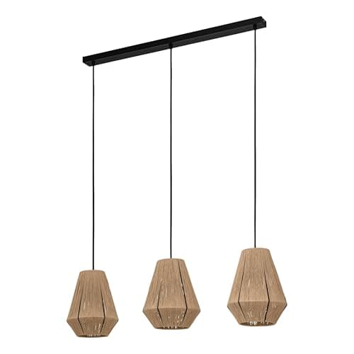 Image of Eglo Pendant Lighting Alderney, Ceiling Light Fitting with 3 Shades, Textile Hanging lamp for Dining and Living Room Made of Natural Hemp and Black Metal, E27 Socket