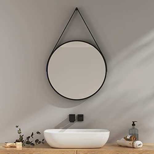 Image of EMKE Round Mirror for Wall - 50cm PU Leather Circle Hanging Mirror, Metal Frame Small Wall Mirrors with Strap for Bathroom Bedroom Dressing Room Entryway Decor