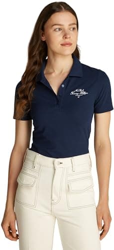 Image of Tommy Hilfiger Women’s Script Graphic Slim Fit Short Sleeve Polo Shirt, Blue (Dark Night Navy), L