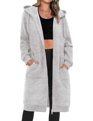 Image of Tuopuda Womens Zip Up Long Hoodies Fleece Longline Hoodie Sweatshirts Casual Long Sleeve Zipper Hoodie Loose Hooded Coat Plus Size Jacket with Pockets(Light Grey,S)