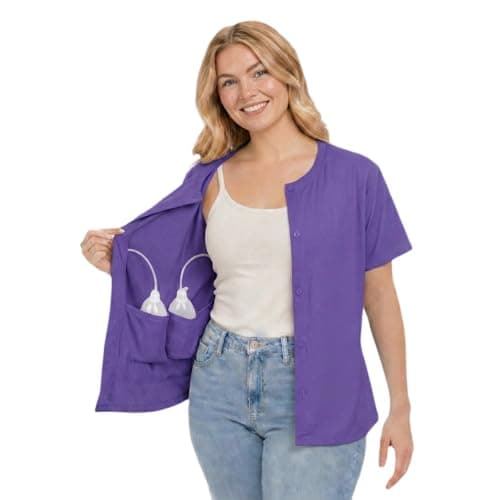 Image of USBD Post Mastectomy Shirt with Drain Pockets, Crew Neck Button Front Recovery Top, Soft Cotton Blend (Medium, Purple)