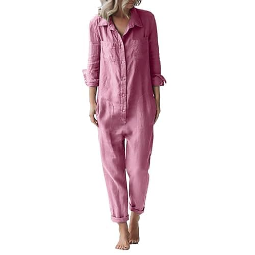Image of Women's Cotton Linen Long Sleeve Button Down Wide Leg Jumpsuit Casual One Piece Coverall Romper Overalls for Beach Daily Wear(Pink, M)