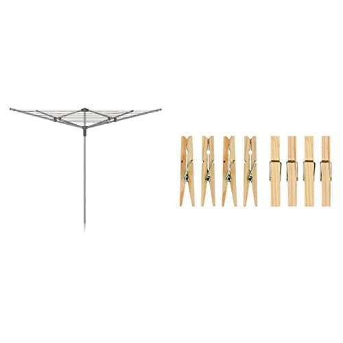 Image of Addis 40 m 4 Arm Rotary Washing Line (Grey) Multiple Tension Adjustment, Folding Outdoor Rotating Clothes Dryer & Ground Spike MOB, Metallic & 36 Hardwood Clothes Pegs