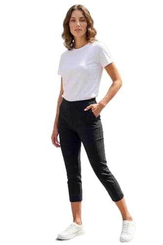 Image of Roman Cropped Trousers for Women UK Ladies Capri Leggings Summer Pants Short Crop Stretch 3/4 Length Three Quarter Pedal Pusher Clothes Elasticated Bengaline Cut Off - Black - Size 10