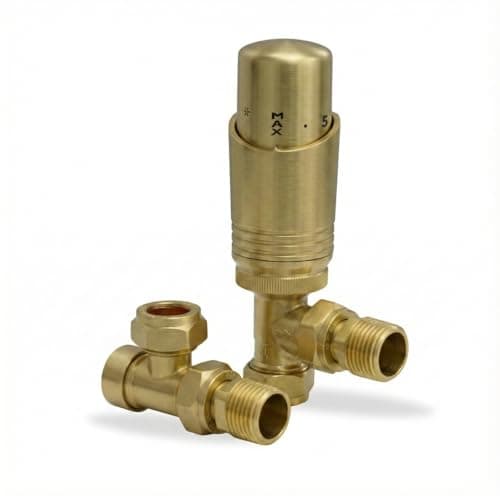 Image of LavaTherm Thermostatic Radiator Valve TRV – 15 mm Angled – Energy Saving Central Heating Radiator Valve – Premium Brass Replacement TRV and Lockshield – Brushed Brass