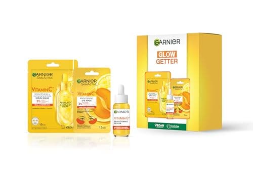 Image of Garnier Vitamin C Glow Getter Giftset - Brightens Skin, Reduces Dark Spots & Evens Skin Tone - For Dull Skin - Cruelty Free & Vegan - Pack of 30ml Face Serum, Face Sheet Mask & Eye Sheet Mask