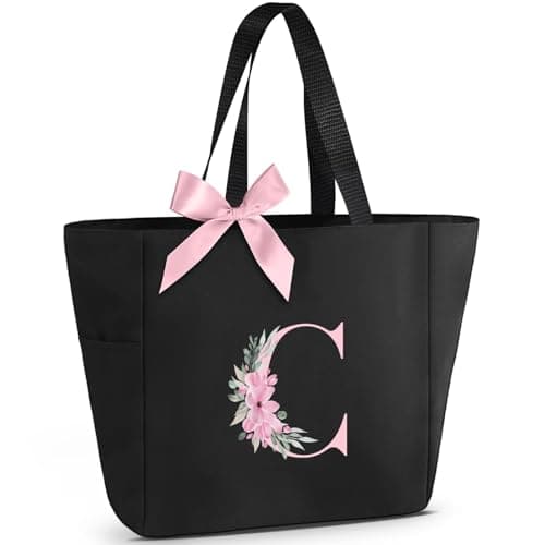 Image of Vavabox A-Z Initial Personalized Tote Bag, Waterproof Gifts for Women, Bridesmaids, Mom, Teachers, Friends (01-Black, C)