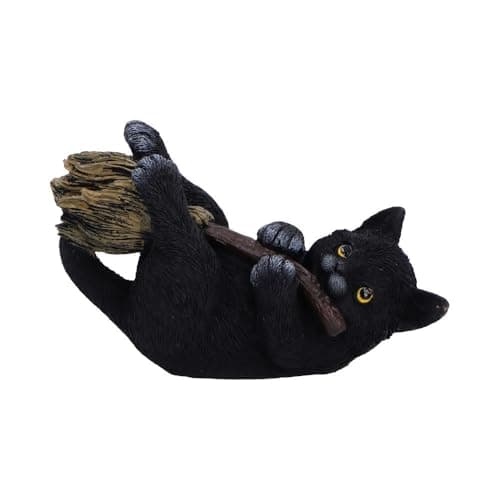 Image of Nemesis Now Witch’s Broomstick Black Cat Figurine – Hand-Painted Resin Statue Decoration for Witch and Gothic Decor - Magical Mischief, 13.5 cm