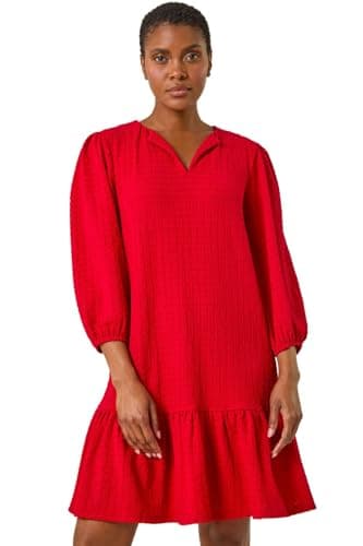 Image of Roman Originals Smock Dress for Women UK Ladies Cotton Summer Embroidered Frilled Tiered Casual Beach Cruise Holiday Cocktail Party 3/4 Sleeve Pull On Gathered Skirt - Plain Red - Size 10