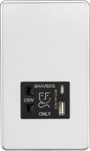 Image of Knightsbridge Screwless Shaver Socket with Dual USB A+C (5V DC 2.4A Shared) - Polished Chrome with Black Insert