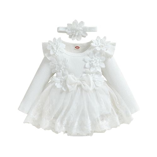 Image of Himllauen Infant Baby Girls Romper Set Toddler 3D Flower Bow Solid Color Long Sleeve Mesh Dress Romper Headband Adorable Ribbed Autumn Outfits for Newborn Girl (White, 6-9 Months)