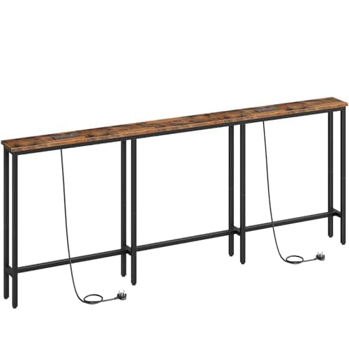 Image of HOOBRO 200 cm Slim Console Table with 2 Charging Stations, Narrow Behind Sofa Table, Long Hallway Table with Adjustable Feet, for Hallway, Living Room, Rustic Brown and Black EBF252KXG01