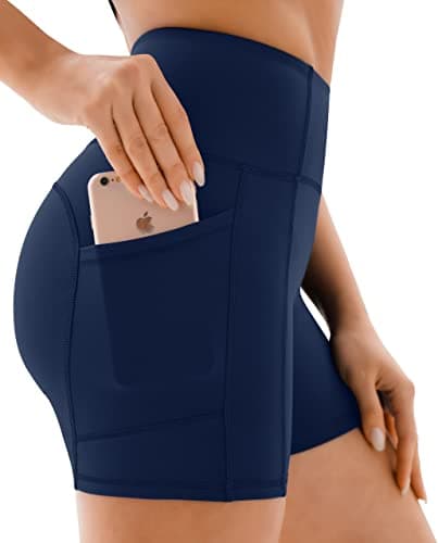 Image of JOYSPELS Gym Shorts for Women with Pockets, High Waist Womens Shorts for Cycling Activewear Running Yoga Workout Sport Exercise Navy Blue M