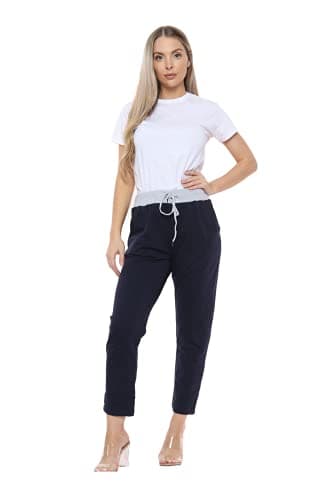 Image of Candid Styles Womens Italian Denim Joggers Sweatpants Plain Floral Star Elasticated Waist Gym Running Yoga Pants Jogging Turn Up Trousers 8-22#Black Contrast#(UK 20-22#Womens)