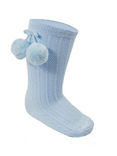 Image of Soft Touch Baby Boys Girls Pom Pom Socks Spanish Romany Knee High Socks Stretch Socks 0-24 Months S355 (Sky Blue, 6-12 Months)
