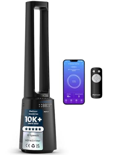 Image of Pro Breeze® OmniAir 41" Smart Bladeless Tower Fan with Air Purifier - Silent Standing Portable Circulator with Remote Control, Wi-Fi, HEPA Filter, LED Display, 10 Fan Speeds, 5 Modes & 60° Oscillation
