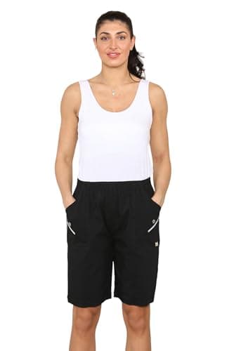 Image of Grunge Wear® Women's Cherry Berry Shorts - Ladies Plain Stretch Fit Pull On Elasticated Waist Summer Short Pants (Black, UK 18)