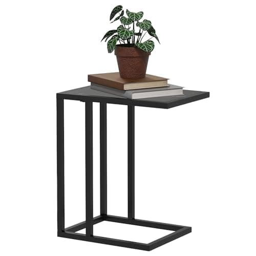 Image of HOMCOM C Shape End Table w/Metal Frame Sofa Side Table Narrow Snack Coffee Table for Living Room, Black Marble Effect