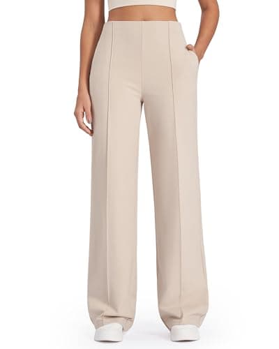 Image of G4Free Wide Leg Trousers for Women UK with Pockets High Waist Stretchy Loose Business Trousers Elegant Casual Dress Pants Khaki,M