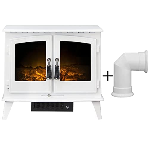 Image of Adam Woodhouse Electric Stove in Pure White with Angled Stove Pipe in Pure White