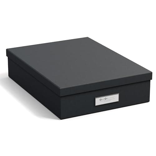 Image of Bigso Box of Sweden Document box for A4 paper, Brochures and Notes - Box with Lid and Leather Handle - Fibreboard and Paper Box Storage with Lid - Black