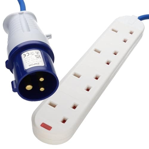 Image of kenable 4 Way Motorhome Caravan Camping Mains Electric Hook Up Extension Lead 16A Blue CEE Plug to UK Sockets 10m