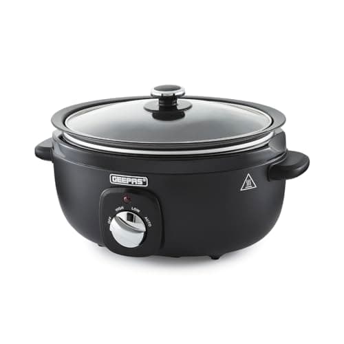 Image of Geepas 3.5 Litre Slow Cooker | 3 Temperature Settings, Removable Easy-Clean Aluminum Bowl | Tempered Glass Lid & Cool Touch Handles, Chalkboard Design | 2 Year Warranty, Black