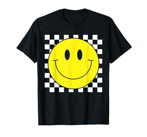 Image of 70s Yellow Smile Face Shirt Cute Checkered Smiling Happy Tee T-Shirt