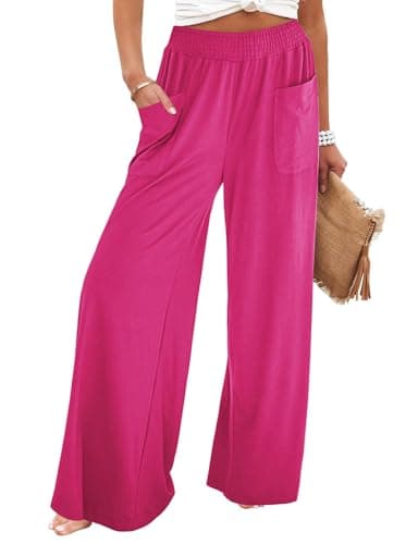Image of Syphiby Womens Summer Palazzo Pants with Pockets Wide Leg Trousers for Women Ladies Summer Clothes Bell Bottom Pant Womens Elasticated Waist Pants Hot Pink Medium Size 8 Size 10