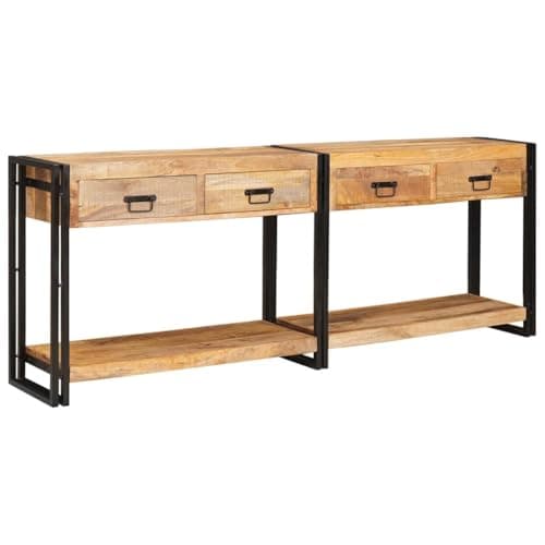 Image of Console Tables Set of 2 Brown Solid Wood Mango 200 x 33 x 75 cm with Drawers and Shelves, Space Saving for Living Room, Hallway, Hallway, Storage Space and Shelf