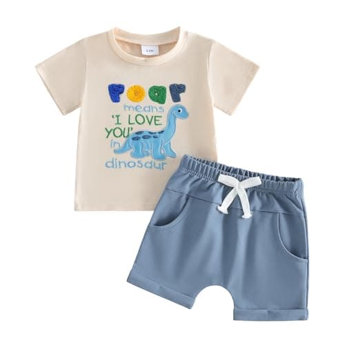 Image of XIXIMAON Toddler Baby Boy Dinosaur Roar Outfits Set Letters Embroidery Short Sleeve Crew Neck Tee Shirt Solid Color Shorts Set 2pcs Infant Boy Summer Cotton Clothes (Apricot, 18-24 Months)