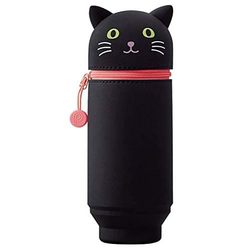 Image of LIHIT LAB Kawaii Japanese Cat Large Stand Up Pencil Case for School Office College, Cute School Supplies, Animal Pen Holder Pencil Pouch Holder Girls, Artist Pencil Case, Black Cat (A7714-3)